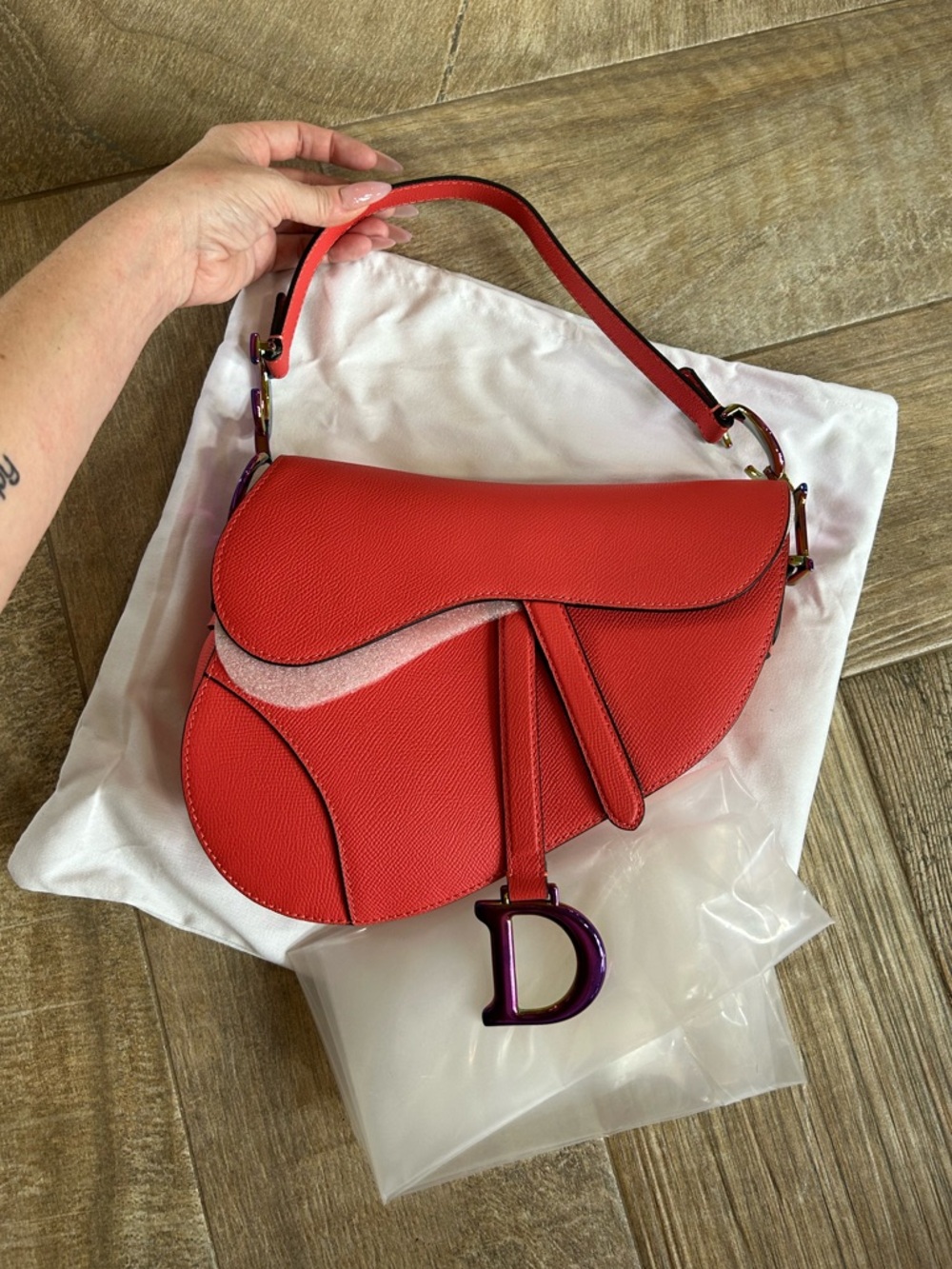 Dior Saddle Bag coral with Iridescent Hardware